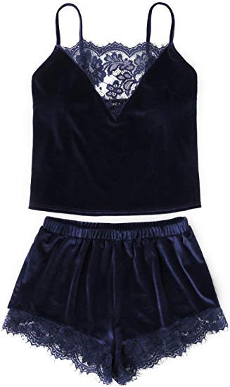 DIDK Women's Lace Trim Velvet Bralette and Shorts Pajama Set