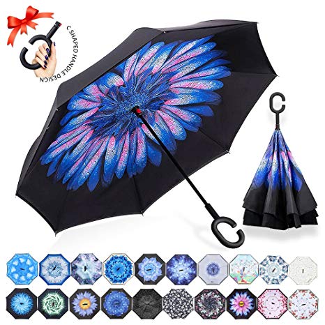 ZOMAKE Windproof Reverse Folding Double Layer Inverted Umbrella with C shape Handle, Self Standing, Inside Out, Hand Free, Variety colors