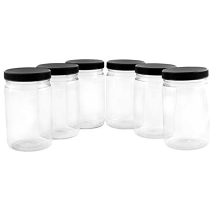 32oz Clear Plastic Jars with Black Ribbed Lids (6 pack): BPA Free PET Quart Size Canisters for Kitchen & Household Storage of Dry Goods, Peanut Butter, and More