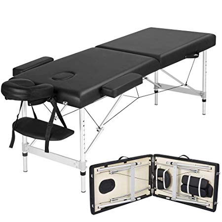 Yaheetech Pro Portable Massage Table, Lightweight Folding Facial SPA Bed Tattoo Beauty Therapy Couch Bed W/Carry Bag Black Aluminium 2 Sections