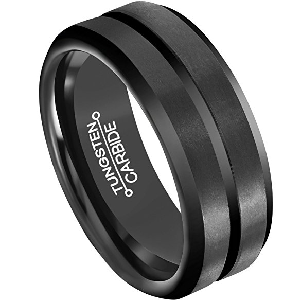 HSG Rings for Men 8mm Black Plated Tungsten Carbide Wedding Band Polished Finish Grooved Center