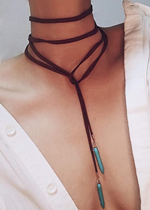 FXmimior Women Necklace Vintage Long Choker with Turquoise Pendant Sexy Rock Handmade Layered Necklace For Women (black)