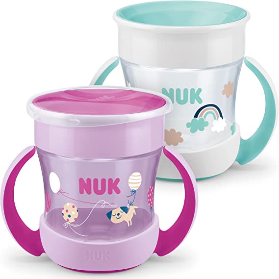 NUK Mini Magic Cup Learning Cup Pack of 2 | Leak-Proof 360° Drinking Rim | from 6 Months | Practical Handles | BPA | 160 ml | Multicoloured