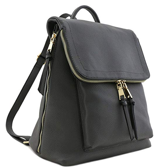 Faux Leather Zip Flapover Backpack