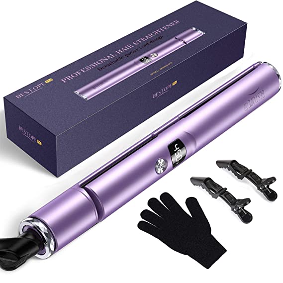 Hair Straightener, BESTOPE 2 in 1 Hair Straightener Flat Iron With Detachable Power Cord Professional Metal Ceramic Heaters Auto-off Anti-frizz Adjustable Temp Lcd Dual Voltage 1 Inch