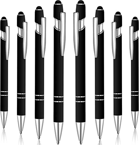 8 Pieces Ballpoint Pen with Stylus Tip Black Ink 2 in 1 Stylus Metal 1.0 mm Medium Point Smooth Pen Rainbow Colorful Rubberized Ballpoint Pen for Touch Screen Tablet (Black)