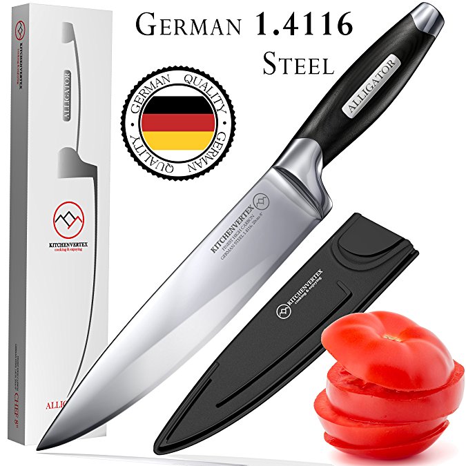 Ultra Sharp Chef Knife 8 Inch ALLIGATOR series - Stainless Steel Blade - Kitchen Knife With Comfort Grip - Perfectly Balanced - Chef’s Quality - by KITCHENVERTEX (Chef knife German 1.4116 Steel)