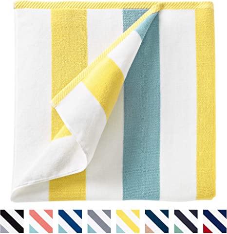 Cabana Beach Towel by Laguna Beach Textile Co, Oversized Yellow & Sea Glass Summer Sunbathing and Pool Side Lounge Comfort, Plush Cotton Softness with Colorful Stripes, Large 70” x 35”