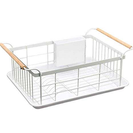 BRIAN & DANY Kitchen Dish Drainer, Drying Rack with Full-Mesh Storage Basket, Wooden handle, Removable Plastic Cutlery Tray