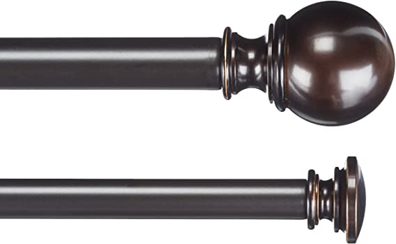 AmazonBasics 1" Double Extendable Curtain Rods with Round Finials Set, 72" to 144", Bronze