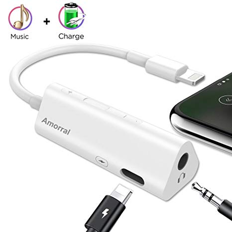 Iphone Headphone Adapter for iPhone X/8/8 Plus/X/7/7 Plus, Lightning to 3.5 mm Headphone Jack Adapter, Amorral Lighting Splitter 2 in 1 Lightning Cable to Audio Jack and Charger Adapter