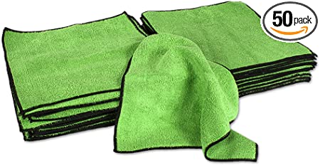 Eurow Microfiber Absorbent Cleaning Towels Green with Black Trim 12 x 12in 350 GSM Bulk Value 50 Pack