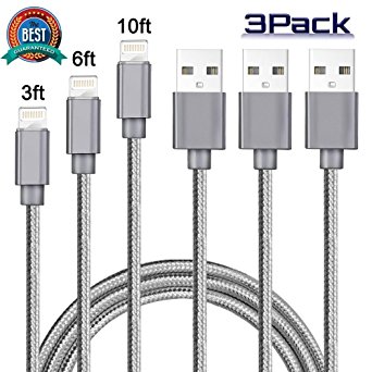 Lightning Cable iPhone Charger CaseyPop 3Pack 3FT / 6FT / 10FT (1M / 2M / 3M) Nylon Braided Charging Cable USB Charger Cable for iPhone X/8/7/7 Plus/6s plus/6s/6/6 plus, iPad/iPod (Sliver Gray)