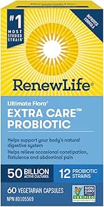 Renew Life® Probiotics Ultimate Flora® Extra Care ™ Probiotic, Helps relieve occasional constipation and flatulence, 50 Billion Active Cultures, 60 Vegetarian capsules