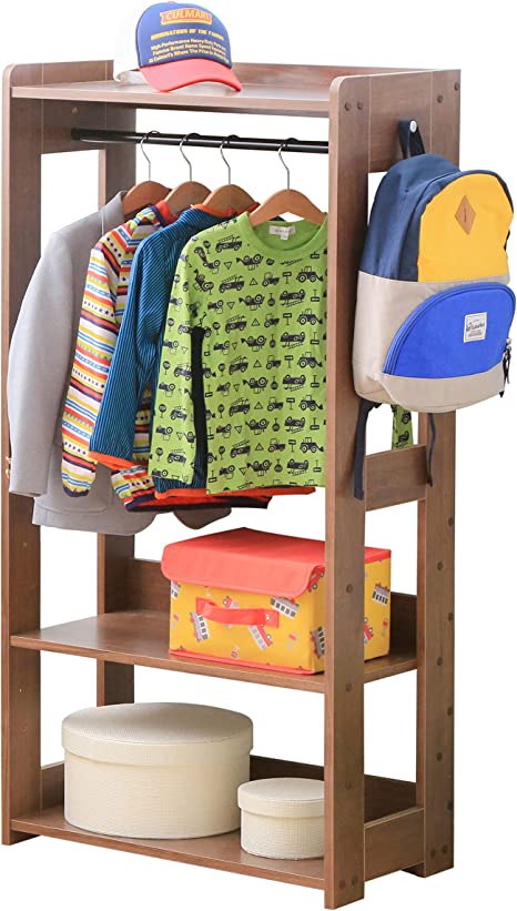 IRIS USA Small Wooden Freestanding Garment Rack with Shelves and Bag Hook, Dark Brown