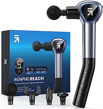 RENPHO Reach Newest Massage Gun, Upgrade Extension Handle Muscle Massage Gun Deep Tissue, Percussion Massager Gun for Athletes, Ergonomic Handle, Brushless Motor, LED, 5Speed for Pain Relief