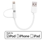 Apple MFi Certified lightning cable with micro USB - Skiva USBLink Short 05 ft Lightning Duo 2-in-1 Sync and Charge Cable with Lightning and microUSB connectors for iPhone 6 6Plus 5s 5c 5 iPad Air Air2 mini mini2 mini3 iPad 4th gen iPod touch 5th gen iPod nano 7th gen Samsung Galaxy S5 S4 S3 S2 Note4 Note3 Note2 Note Tab3 Tab2 other Android and Windows Smartphones  Tablets Lightning and micro USB Combo Model No CB105 - 1 Year Warranty