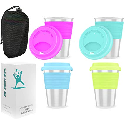 Stainless Steel Kids Cups 10oz with Silicone Lid and Sleeve - Stainless Steel Sippy Cups Premium Metal Glasses for Toddlers with Portable Carry Pouch 4-Pack