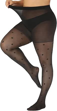 Yilanmy Plus Size Patterned Tights 40D Sheer Pantyhose High Waist Black Polka Dot Tights Halloween Tights for Women