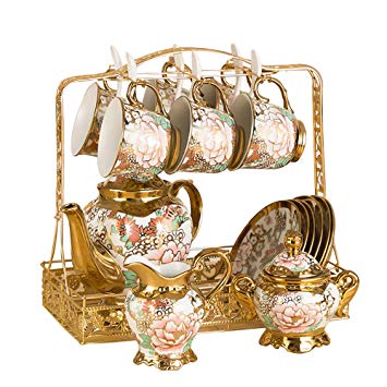 HAYC 15 pieces of European-style ceramic tea set Set, bone china tea cup Set, tea set, porcelain cup, adult tea set Set metal bracket (Butterfly)