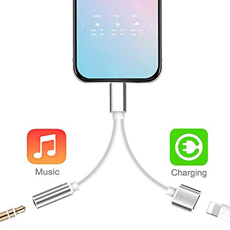 Headphone Adapter Jack Dongle for iPhone Xs/Xs Max/XR/ 8/8 Plus/X (11) / 7/7 Plus Adapter Listen to Music Adapter Audio and Charge 3.5mm Splitter Converter Compatible with Adaptor Charger.(Sliver)