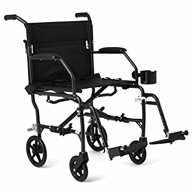 Medline Ultralight Transport Mobility Wheelchair, 19” Wide Seat, Permanent Desk-Length Arms, Swing Away Footrests, Black Frame