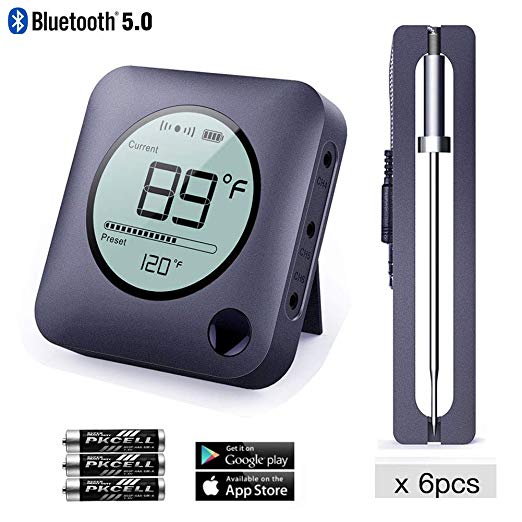 NeeQi Bluetooth Meat Thermometer Smart Wireless Remoted Digital BBQ Thermometer with 6 Stainless Steel Probes Monitor APP Controlled for Barbecue Cooking Smoker Kitchen Oven