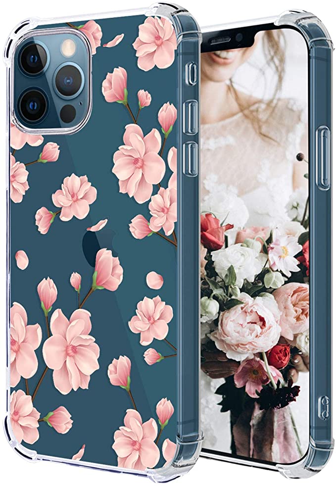 Hepix Compatible with Floral iPhone 12 Pro Max Clear Case Plum Blossom Flower iPhone Case, Pink Flower Clear iPhone Cover Protective Bumper, Slim Flexible TPU Protection for iPhone 12 Pro Max 6.7"2020