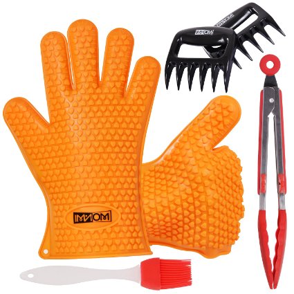 4 IN 1 Imanom Heat Resistant Silicone Oven BBQ Gloves Accessories FDA Approved Include Meat Claws Basting Brushes Food Tongs for Cooking, Grilling, Baking