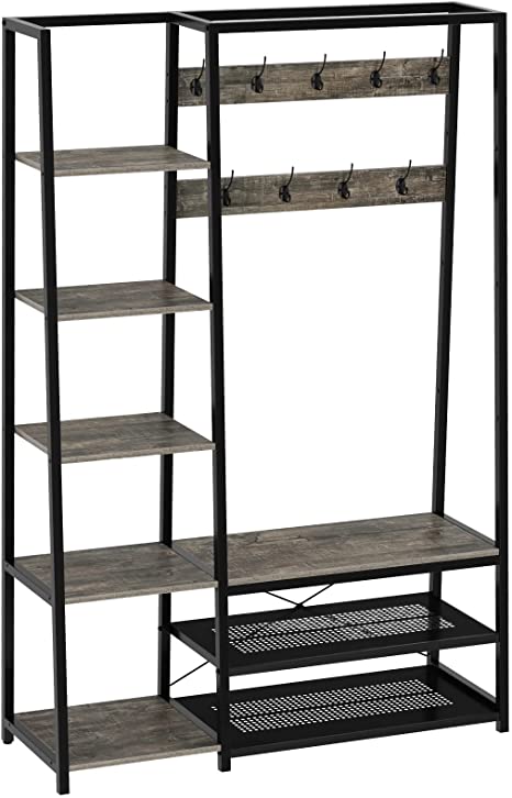 Rolanstar Hall Tree with Storage Bench, 5-in-1 Entryway Shelf with Coat Rack, 70.8" Coat Stand with 5 Side Shelves, 9 Hooks and Shoe Bench Grey