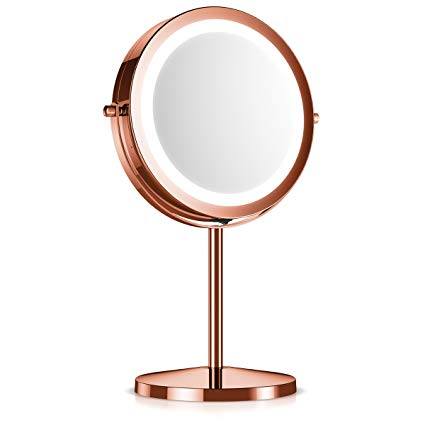 Navaris LED Illuminated Makeup Mirror - Two-Sided Vanity Mirror with Normal and 5x Magnification - 2-in-1 360° Swivel Cosmetics Mirror - Copper
