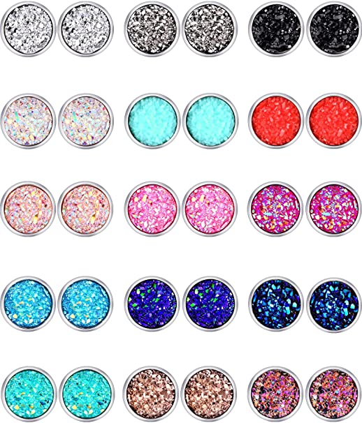 15 Pairs Faux Druzy Stud Earrings Set Bohemian Glitter Pierced Earrings Stainless Steel Round Earrings for Women