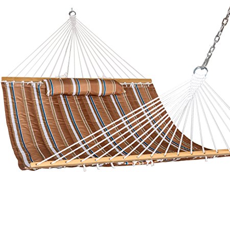 Prime Garden Quilted Fabric Hammock with Pillow, Hardwood Spreader Bars, 2 People, Brown Stripe