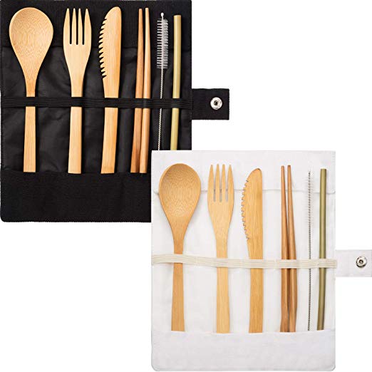 Tatuo 2 Set Bamboo Cutlery Flatware Set Bamboo Travel Utensils Include Reusable Knife Fork Spoon Chopsticks Straws (Pure White and Black)