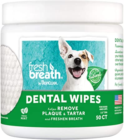 TropiClean Fresh Breath No Brushing Clean Teeth Dental & Oral Care Dental Wipes for Pets, 50ct