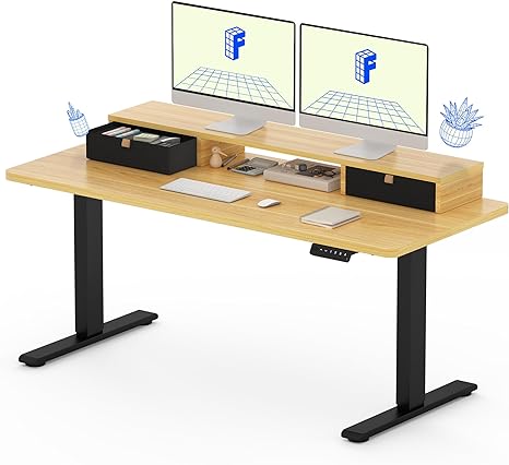 FLEXISPOT Electric Standing Desk with Drawer, Solid One-Piece Adjustable Height Desk with Storage Shelf, Ergonomic Monitor Stand for Computer Laptop (Black Frame/Maple Top, 55 inch)