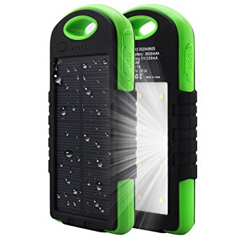 Solar Charger,Bienna [Waterproof] Portable Dual USB 8000mAh Solar Panel Power Bank External Backup Battery Pack with 12 LED Flashlight for iPhone Android Phone iPad Tablet and Emergency Outdoor-Green