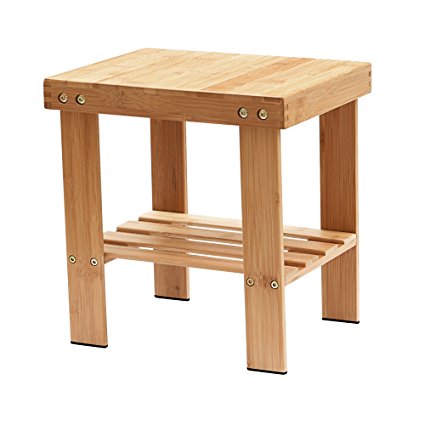 IPOW Multfunctional Medium Size Bamboo Step Stool Seat w/ Storage Shelf For Kids Leisure Assembly Needed,Durable,Anti-Slip,Lightweight for living room,bedroom,garden etc,Bonus Foot Pads