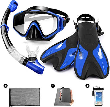 Odoland Snorkel Set 6-in-1 Snorkeling Packages with Diving Mask, Adjustable Swim Fins, Mesh Bag, Waterproof Case and Beach Blanket, Anti-Fog Anti-Leak Snorkeling Gear for Men Women Adult