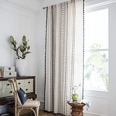 Hughapy Boho Curtains for Bedroom Bohemian Geometric Tassel Curtains Rod Pocket Cotton Linen Farmhouse Country Style Room Darkening Curtain Panel for Living Room, 1 Panel (59W x 71L, Cream)