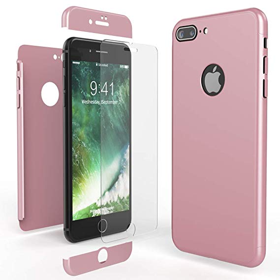 NALIA Full Body Case for iPhone 8 Plus, Protective Front and Back Phone Cover with Tempered Glass Screen Protector, Slim Shockproof Bumper Ultra-Thin for Apple i-Phone 8  Smartphone, Color:Rose Gold