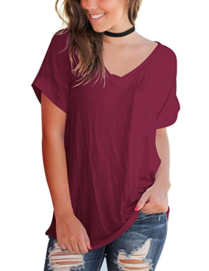 Aokosor Women's Basic Short Sleeve Tops Casual Loose Tshirts With Front Pockets