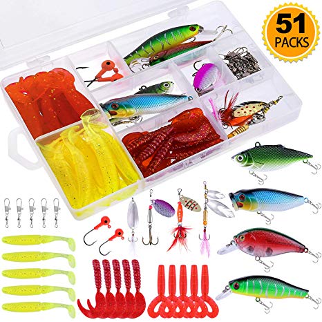 TOPFORT 51Pcs Fishing Lures Kit Set for Bass,Trout, Salmon Including Fishing Spoon,Soft Plastic Worms, CrankBait, VIB Lures, Popper Lures, Minnow Lures, Jig Hooks,Topwater Lures with Tackle Box