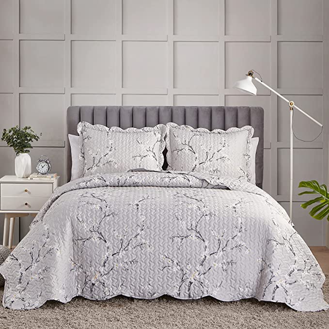 Hansleep Quilt Set with Modern Flower Style Stitching Pattern, Comforter Bedding Cover Lightweight Bedspread Bed Decor Coverlet Set for All Season (Grey Plum, King 106x96)