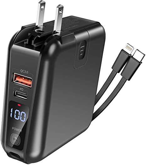 Portable Charger with AC Plug, 15000mAh Portable Phone Charger, 18W PD QC3.0 USB C Power Bank 4 Output 2 Input, External Battery Pack Phone Charger Built-in Type-C 2 Cables Compatible for iPhone etc