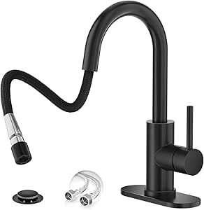 Phiestina Pull Down Sprayer Matte Black Bathroom Faucet, Single Handle Single Hole Bathroom Sink Faucet with 4 Inch Deck Plate, Metal Pop-up Drain and Water Supply Lines, WECL-08-MB