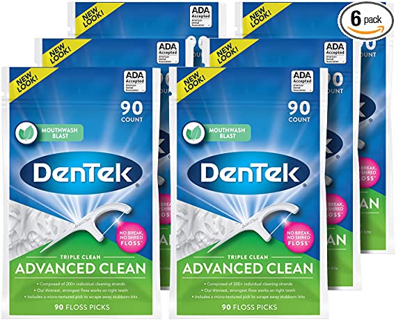 DenTek Triple Clean Floss Pick | 3X Clean: Removes Plaque & Food and Fights Bad Breath | 90 Picks | Pack of 6