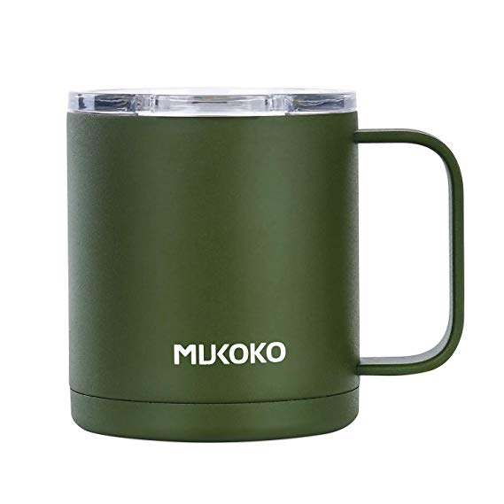 Insulated Coffee Mug With Lid and Handle,12 oz Double Wall Vacuum Sealed Camp Cup-For Hot or Cold Army Green