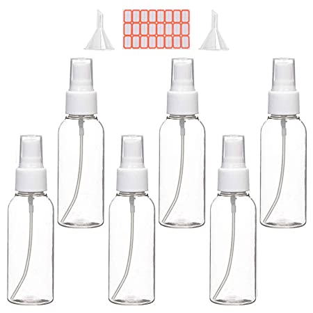 Spray Bottles, 2oz/50ml Clear Empty Fine Mist Plastic Mini Travel Bottle Set, Small Refillable Liquid Containers with 2pcs Funnels and 24pcs Labels (6 Pack)