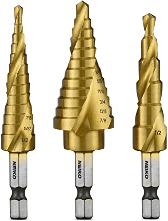 Neiko 10181A Quick Change HSS Titanium Coated Spiral Grooved Step Drill Bit 3-Piece Set | 31 Step Sizes in One Kit